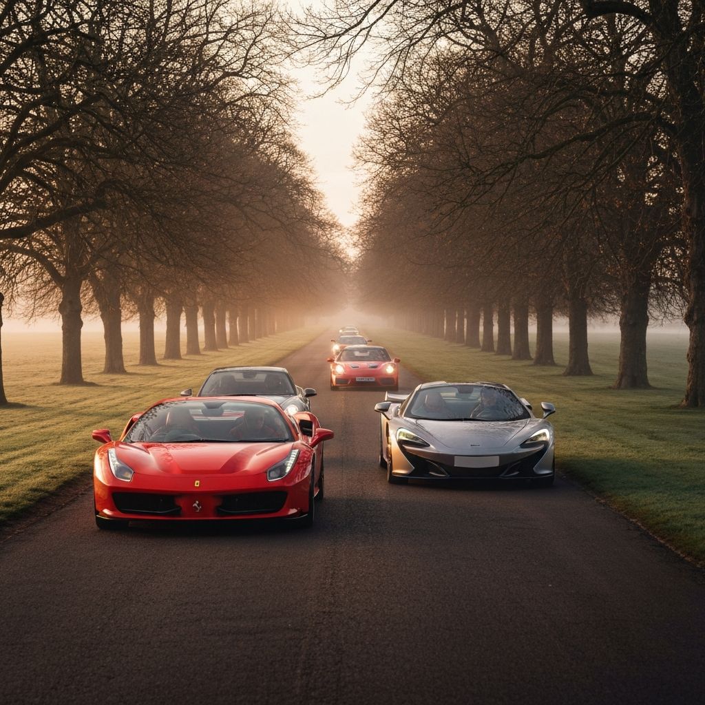 Luxury supercars convoy through English countryside